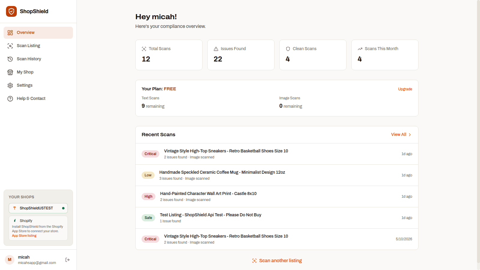 ShopShield dashboard - Import Your Store